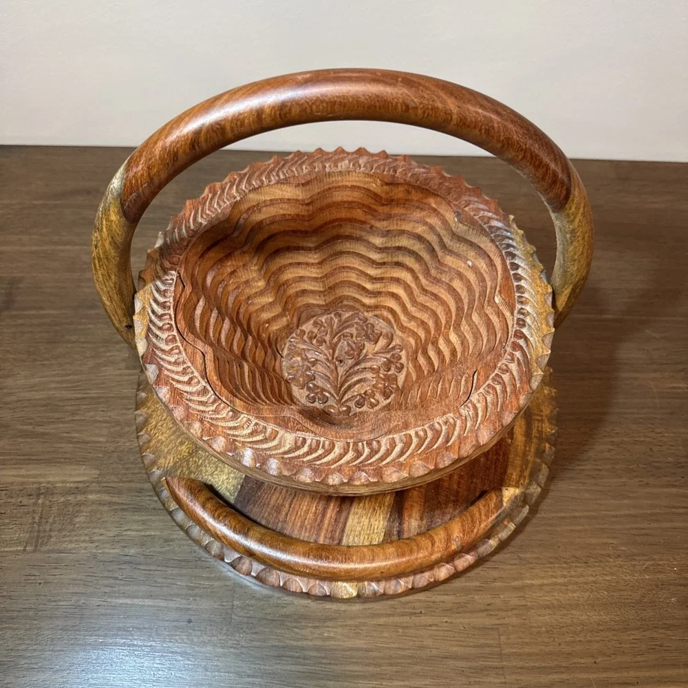 Vintage Hand Carved Wood Collapsible Spiral Basket Floral Folding Trivet Cottage